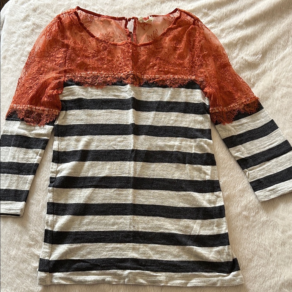 Deletta Lace Overlay Striped Blouse